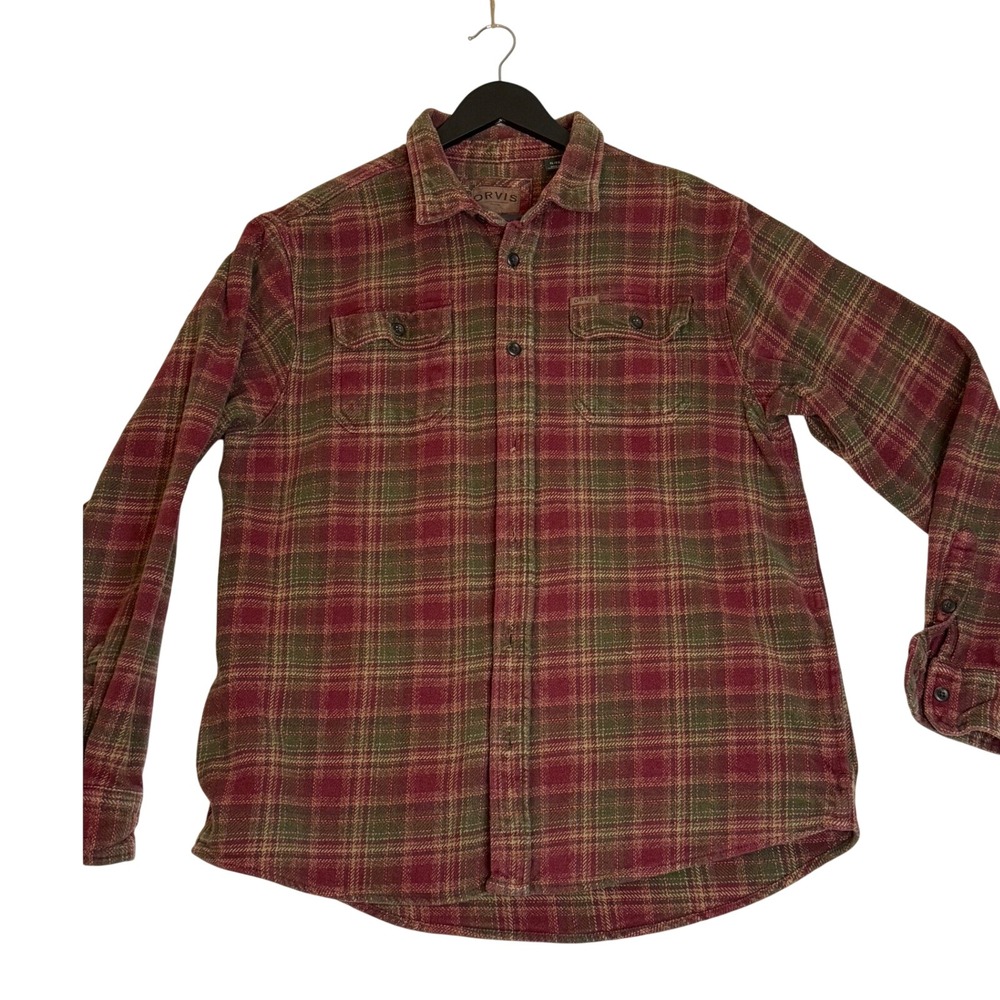 Orvis Mens XL Flannel Shirt Plaid Button Up Long Sleeve Red Green